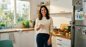 אישה ישראלית מחייכת במטבח עם כוס מים וירקות חתוכים - שמירה על בריאות בזמן מלחמה - אכילה רגשית במלחמה - בריאותלי
