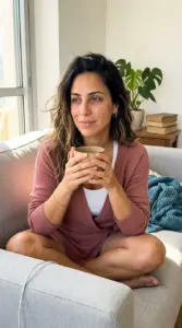 אישה ישראלית עייפה על הספה עם כוס תה בבוקר - דלקת כרונית שקטה סימנים - בריאותלי