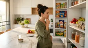 אישה במטבח מסתכלת על חטיפים - מזון אולטרה מעובד - בריאותלי