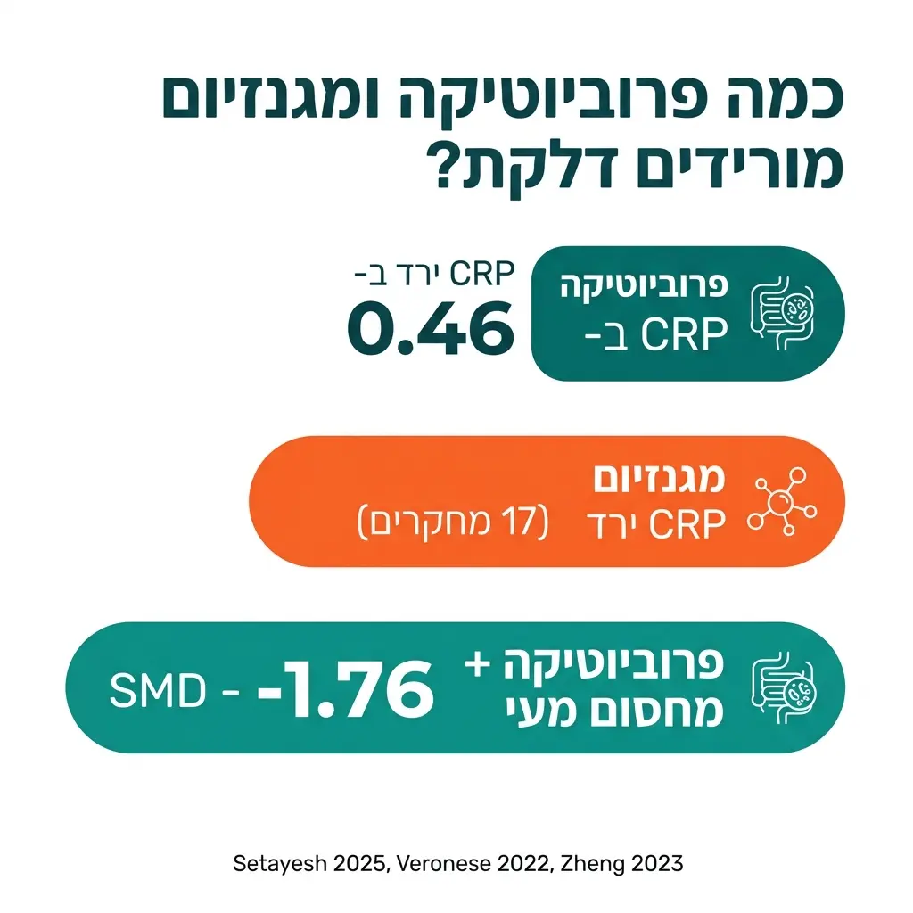 גרף ירידה ב-CRP מפרוביוטיקה ומגנזיום - מחקרים על דלקת כרונית - בריאותלי