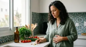 אישה ישראלית מזרחית עם בטן נפוחה בודקת תוספי פרוביוטיקה במטבח - בריאותלי
