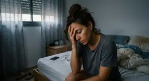 אישה ישראלית עייפה בבוקר יושבת על מיטה עם סימני חוסר איזון הורמונלי