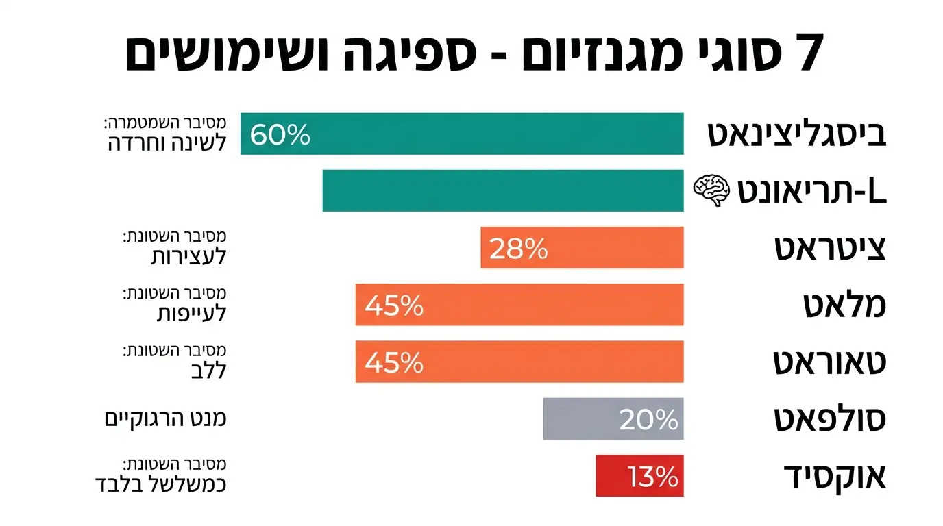 7 סוגי מגנזיום השוואת ספיגה אינפוגרפיקה ביסגליצינאט תריאונט ציטראט - בריאותלי