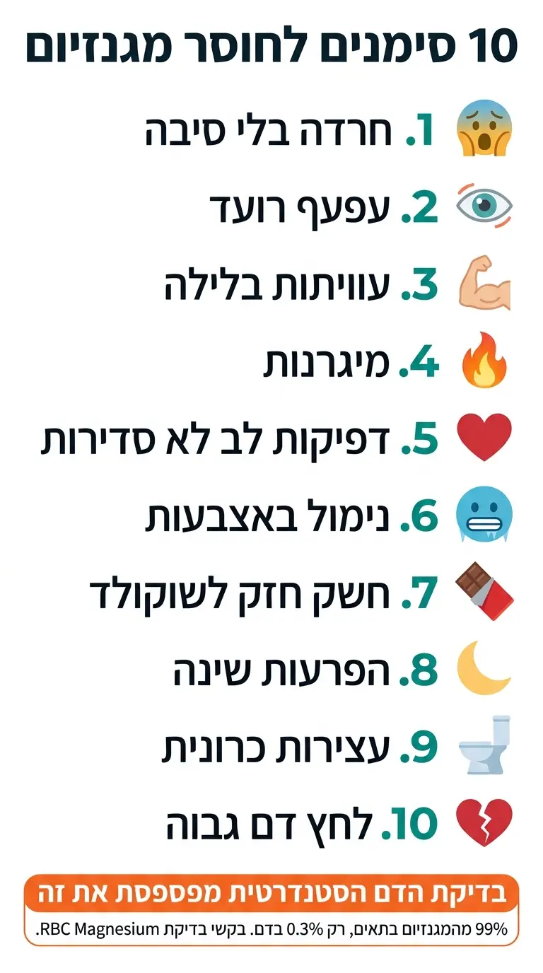 10 סימנים לחוסר מגנזיום אינפוגרפיקה - חרדה עוויתות מיגרנות - בריאותלי