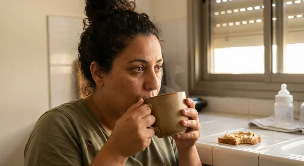אישה ישראלית שותה קפה במטבח בבוקר - גיל ביולוגי - בריאותלי