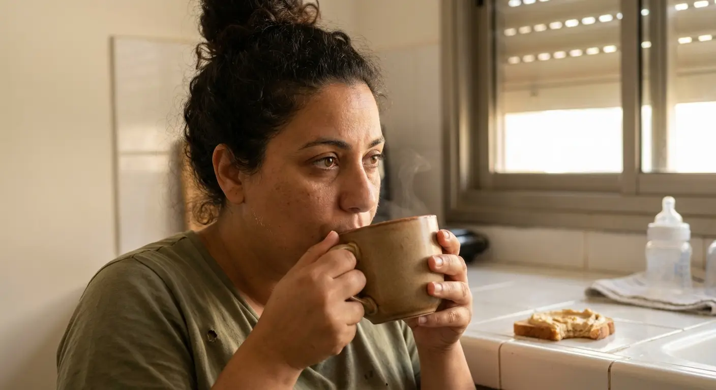 אישה ישראלית שותה קפה במטבח בבוקר - גיל ביולוגי - בריאותלי