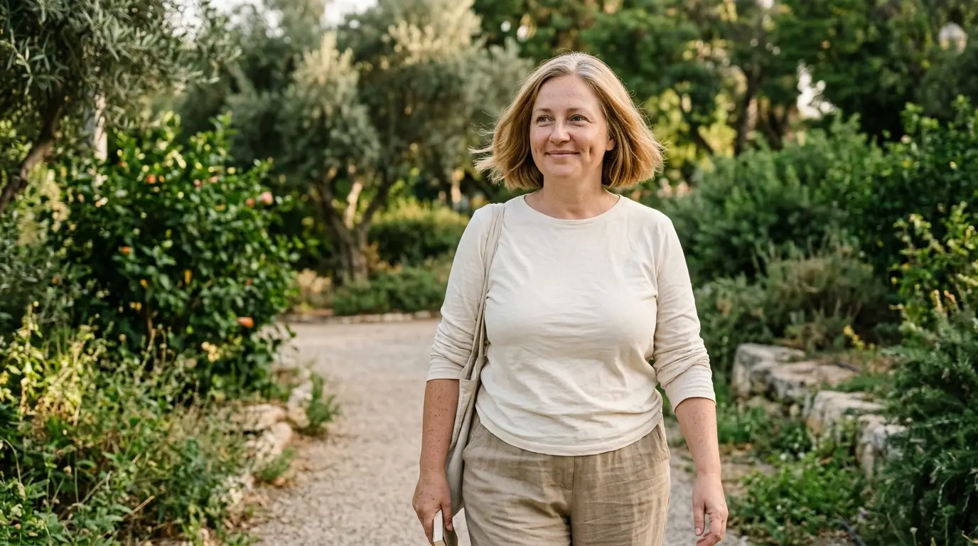 אישה בת 45 רגועה בטיול בפארק ירוק באור שקיעה, מאוזנת ובריאה