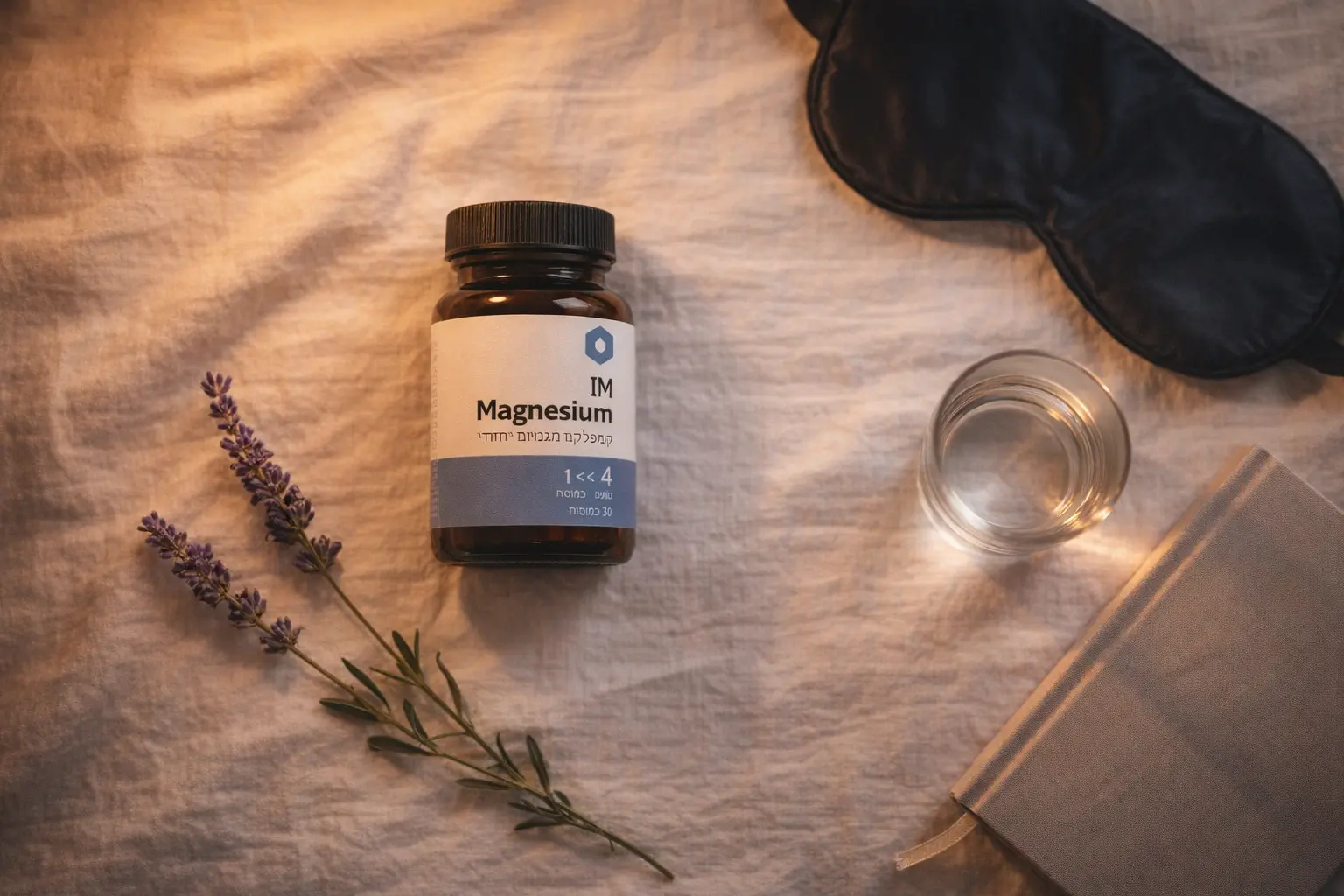 פלאט-לאי ערב: בקבוק IM Magnesium עם ספר, מסכת שינה ולבנדר