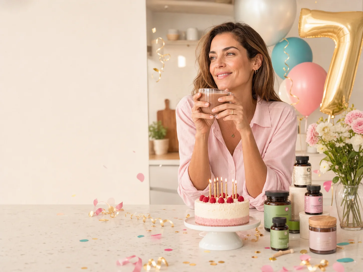 אישה במטבח חגיגי עם מוצרי בריאותלי, בלונים ועוגת יום הולדת