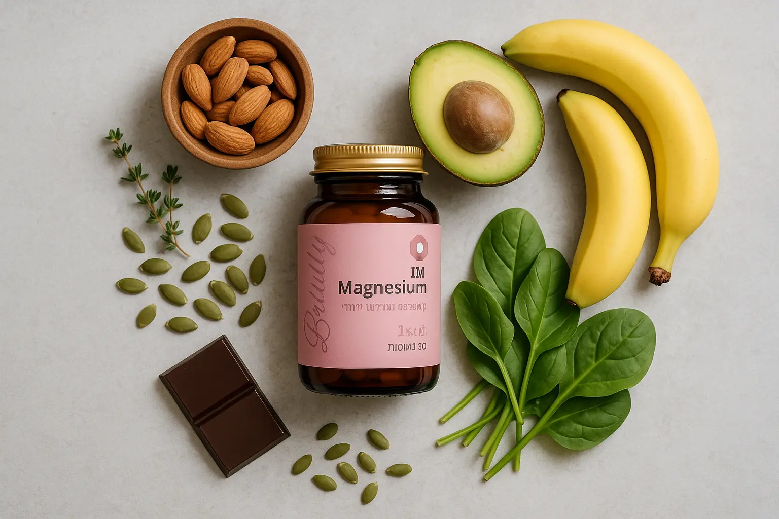 IM Magnesium עם מזונות עשירי מגנזיום - שקדים, אבוקדו, בננות, תרד, גרעיני דלעת, שוקולד מריר - בריאותלי