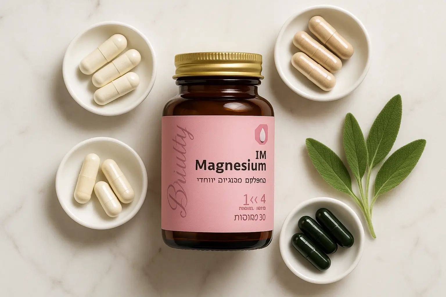 IM Magnesium ליפוזומלי על משטח שיש - השוואת סוגי מגנזיום עם 4 כמוסות שונות וענף מרווה - בריאותלי
