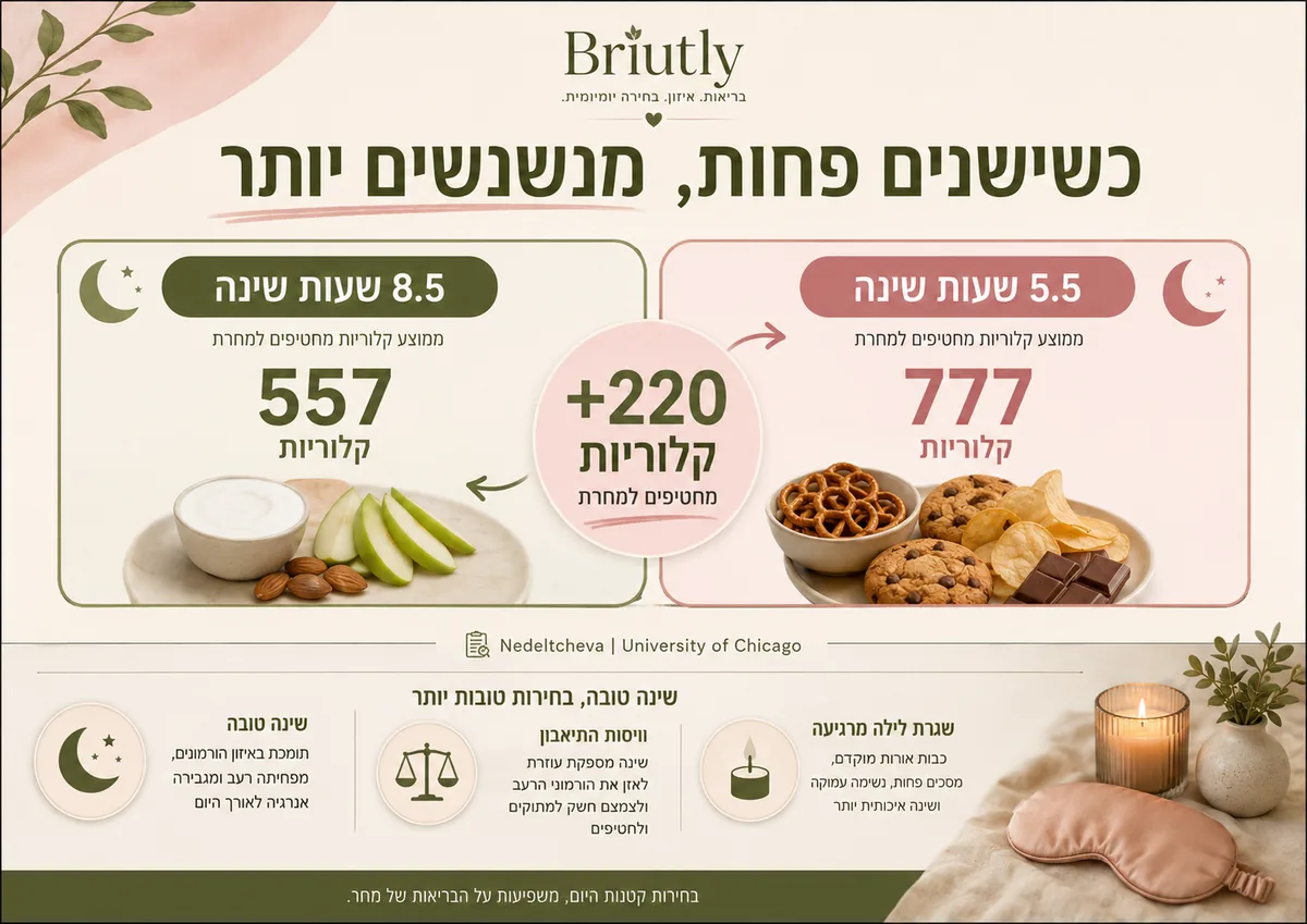אינפוגרפיקה - הפער בקלוריות מחטיפים בין 8.5 ל-5.5 שעות שינה