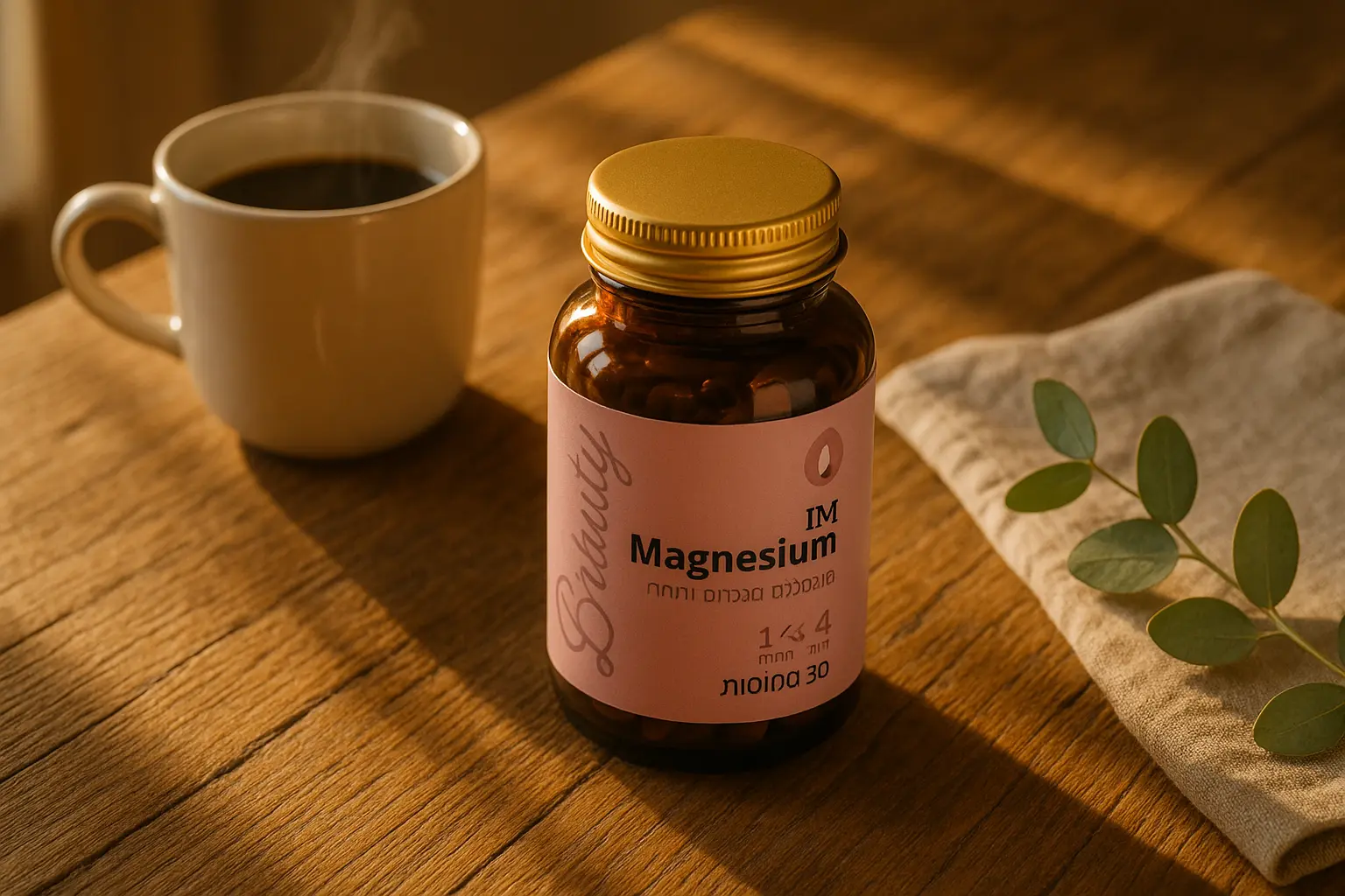 IM Magnesium על שולחן עץ עם קפה שחור וענף איקליפטוס - שגרת בוקר רגועה - בריאותלי