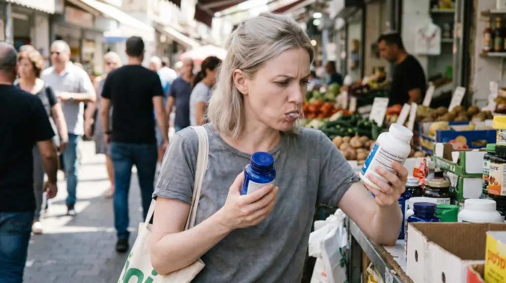אישה משווה שני בקבוקי מגנזיום ובוחרת מינון