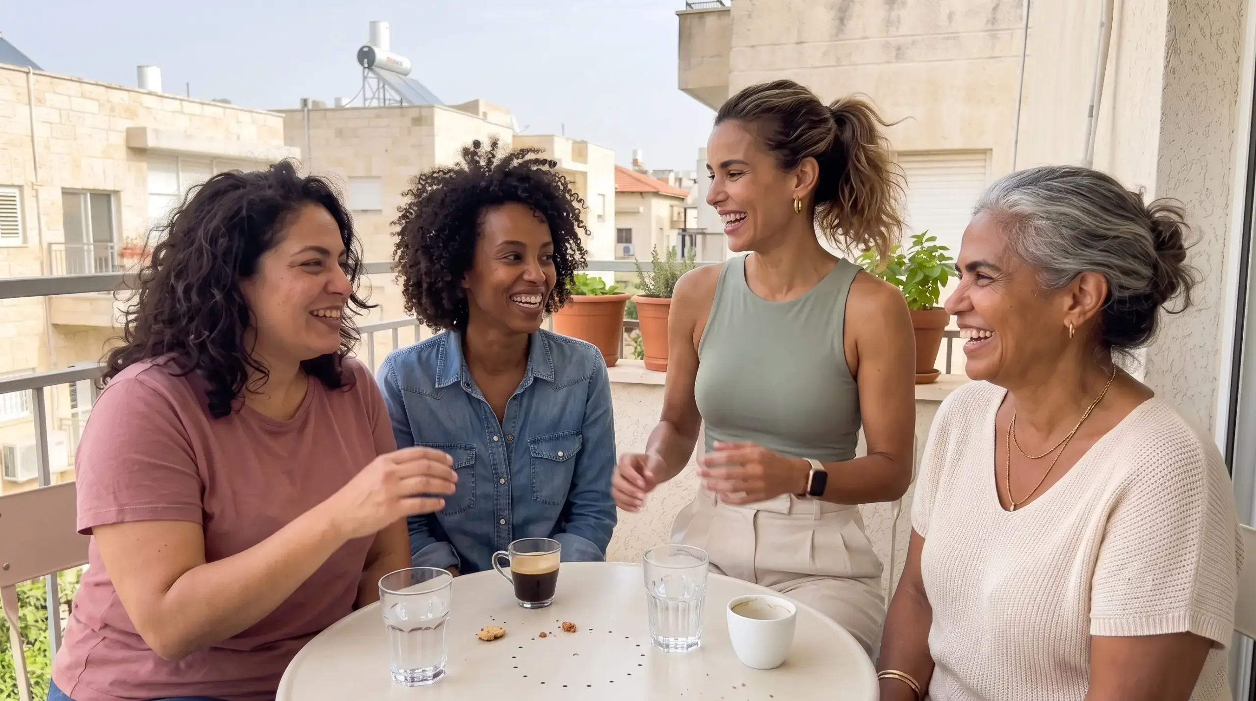 ארבע נשים ישראליות בגילים שונים בשיחה נעימה, כולל אישה חטובה וחיונית