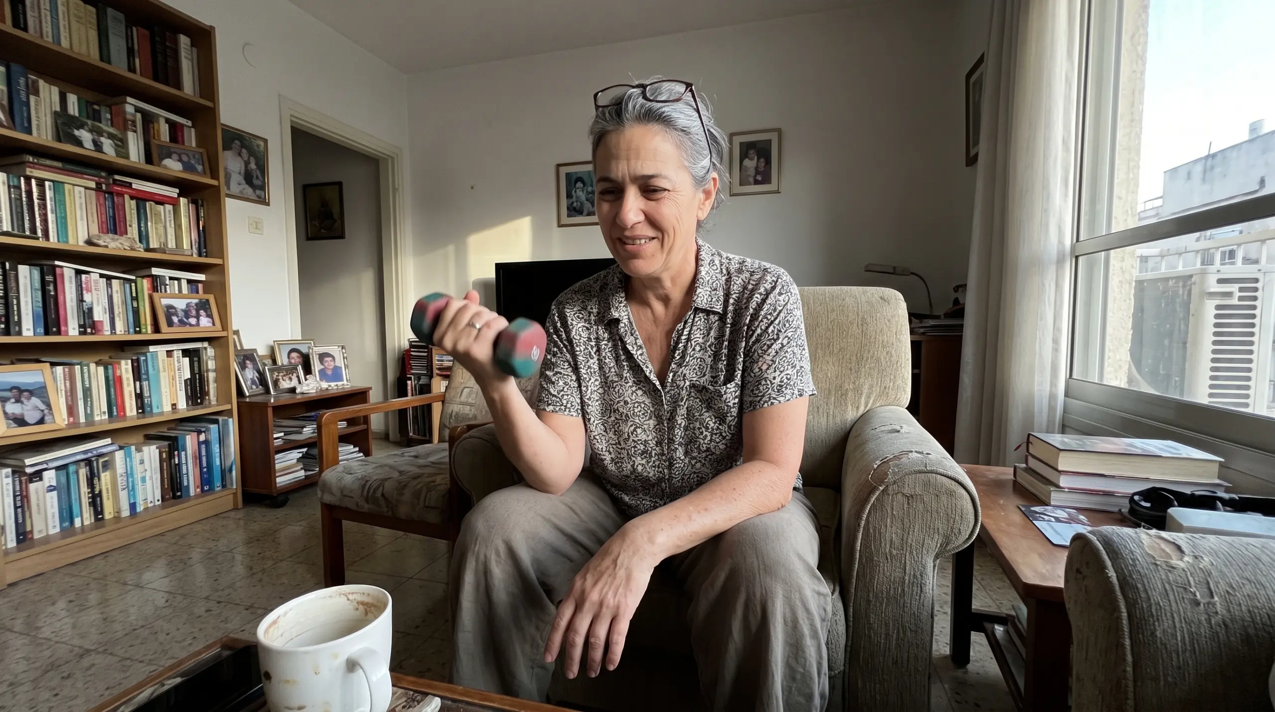 אישה בגיל המעבר מרימה משקולת קטנה בבית, חלבון עובד רק עם אימון התנגדות
